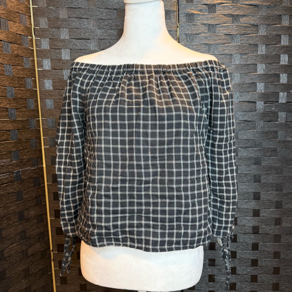 Madewell Plaid Off Black Shoulder Top XXS